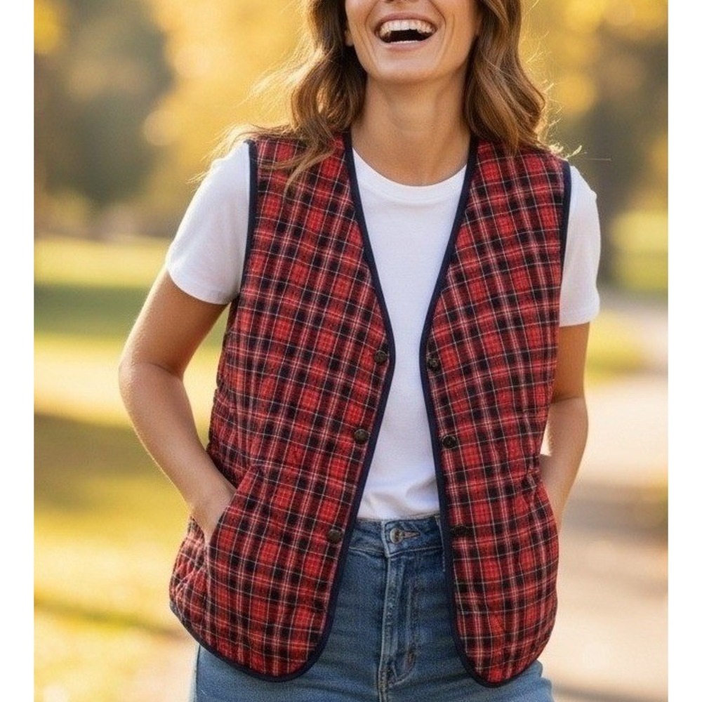 VTG Petite Sophisticate Womens Vest P Red Plaid Heart Quilt Preppy Academia